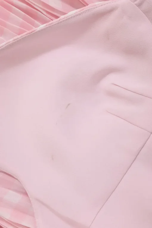 Pink plissé polyester gingham chiffon cold-shoulder midi A-line dress with bustier bodice and bias-cut skirt
