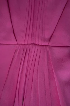 Pink plunging neckline and open back sleeveless pleated mini dress