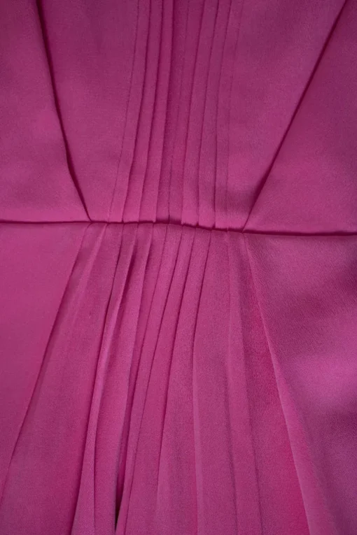 Pink plunging neckline and open back sleeveless pleated mini dress