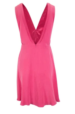 Pink plunging neckline and open back sleeveless pleated mini dress