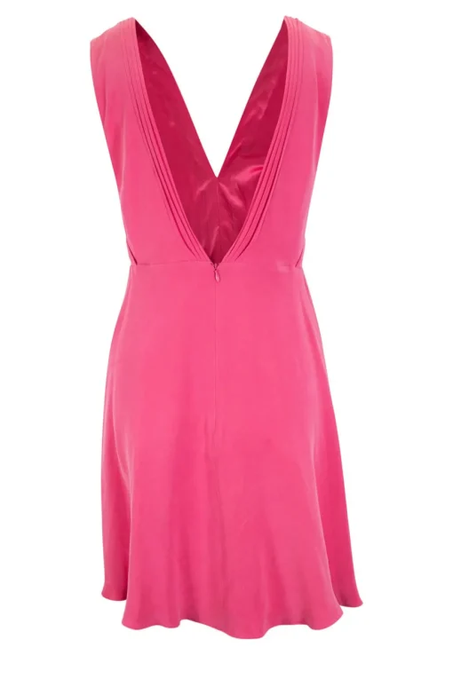 Pink plunging neckline and open back sleeveless pleated mini dress