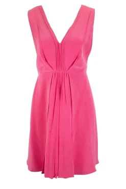Pink plunging neckline and open back sleeveless pleated mini dress