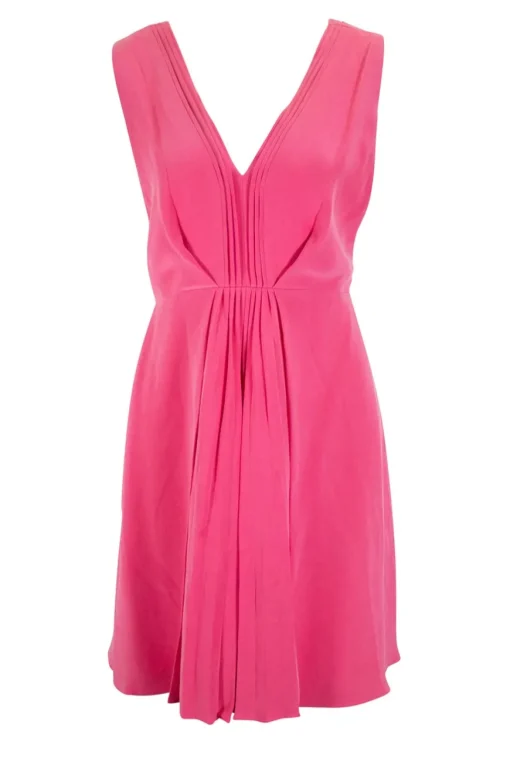 Pink plunging neckline and open back sleeveless pleated mini dress
