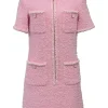 Pink polyamide-wool blend bouclé tweed portrait collar half-zip pullover shift dress with chest and hip patch pockets