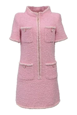 Pink polyamide-wool blend bouclé tweed portrait collar half-zip pullover shift dress with chest and hip patch pockets
