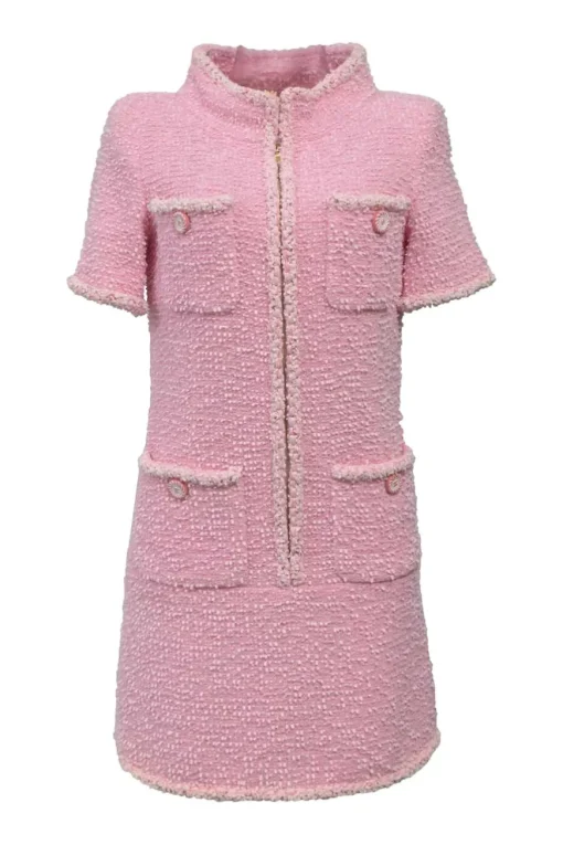 Pink polyamide-wool blend bouclé tweed portrait collar half-zip pullover shift dress with chest and hip patch pockets