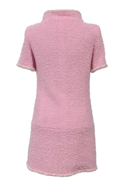 Pink polyamide-wool blend bouclé tweed portrait collar half-zip pullover shift dress with chest and hip patch pockets