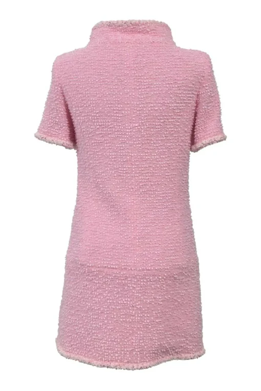 Pink polyamide-wool blend bouclé tweed portrait collar half-zip pullover shift dress with chest and hip patch pockets
