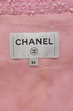 Pink polyamide-wool blend bouclé tweed portrait collar half-zip pullover shift dress with chest and hip patch pockets