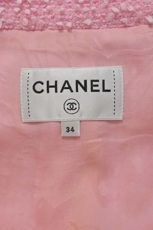 Pink polyamide-wool blend bouclé tweed portrait collar half-zip pullover shift dress with chest and hip patch pockets