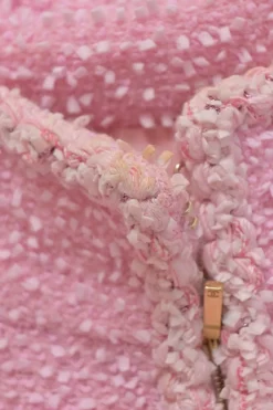 Pink polyamide-wool blend bouclé tweed portrait collar half-zip pullover shift dress with chest and hip patch pockets