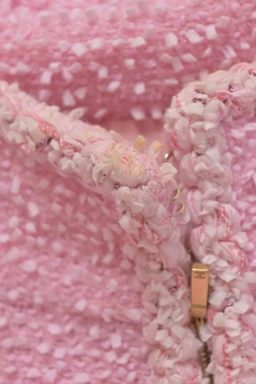 Pink polyamide-wool blend bouclé tweed portrait collar half-zip pullover shift dress with chest and hip patch pockets