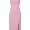 Pink polyester crêpe bustier slit dress with fixed straps
