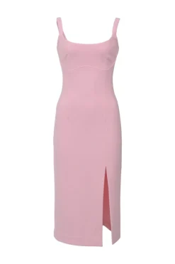 Pink polyester crêpe bustier slit dress with fixed straps