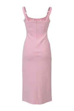 Pink polyester crêpe bustier slit dress with fixed straps