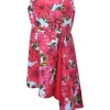 Pink polyester floral digi-print sleeveless A-line asymmetric mini dress