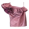 Pink polyester glitter one-shoulder ruffle knit top