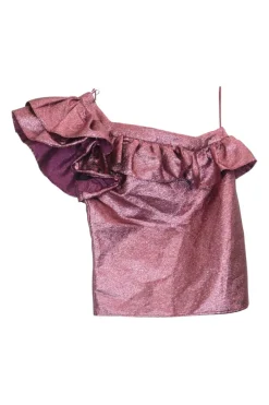 Pink polyester glitter one-shoulder ruffle knit top