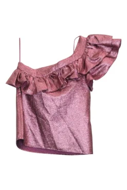 Pink polyester glitter one-shoulder ruffle knit top
