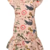 Pink polyester Reptiles and Birds print drop-waist flutter sleeve godet sheath dress