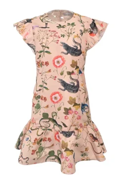 Pink polyester Reptiles and Birds print drop-waist flutter sleeve godet sheath dress