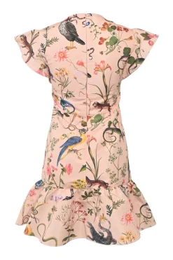 Pink polyester Reptiles and Birds print drop-waist flutter sleeve godet sheath dress