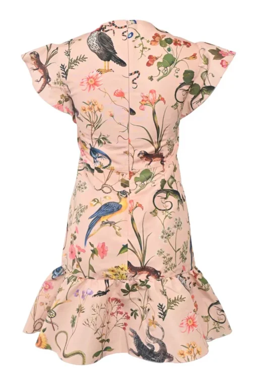 Pink polyester Reptiles and Birds print drop-waist flutter sleeve godet sheath dress