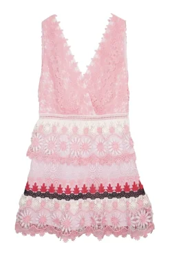 Pink polyester wave and floral guipure lace plunge mini skater dress