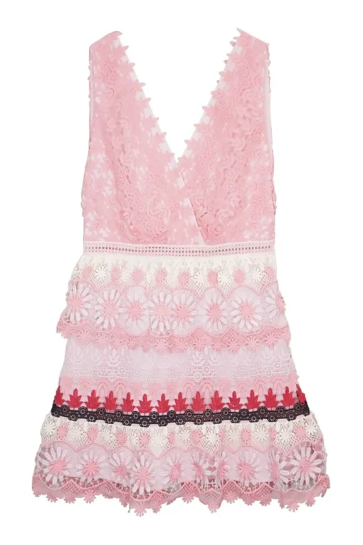 Pink polyester wave and floral guipure lace plunge mini skater dress