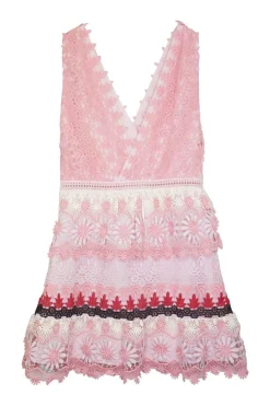 Pink polyester wave and floral guipure lace plunge mini skater dress