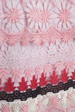 Pink polyester wave and floral guipure lace plunge mini skater dress