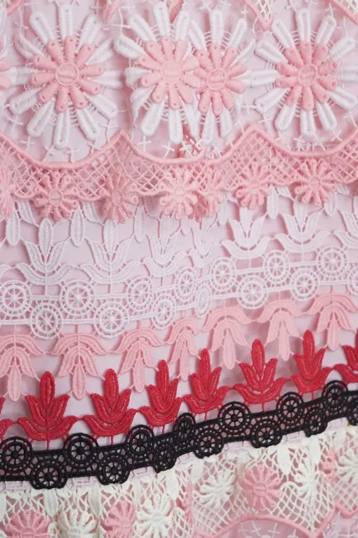 Pink polyester wave and floral guipure lace plunge mini skater dress