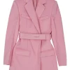 Pink polyester-blend double breasted notch lapel blazer dress with logo band belt