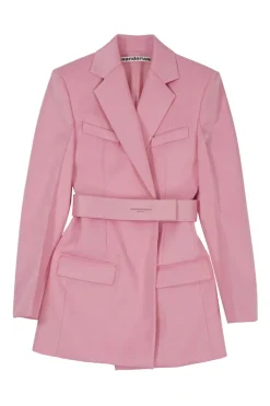 Pink polyester-blend double breasted notch lapel blazer dress with logo band belt