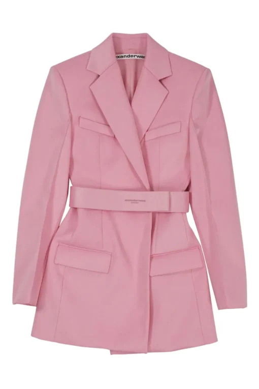 Pink polyester-blend double breasted notch lapel blazer dress with logo band belt