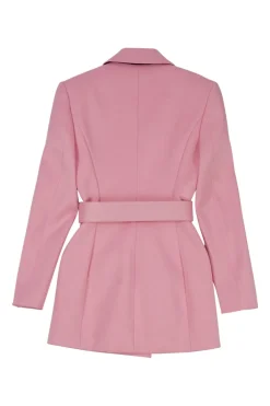 Pink polyester-blend double breasted notch lapel blazer dress with logo band belt