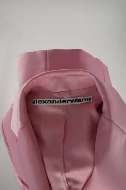 Pink polyester-blend double breasted notch lapel blazer dress with logo band belt