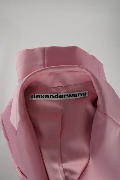 Pink polyester-blend double breasted notch lapel blazer dress with logo band belt