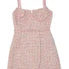 Pink polyester-blend metallic check bouclé tweed slit-front bustier mini dress with tulip skirt