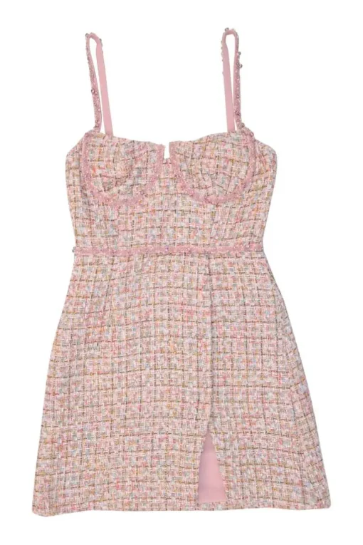 Pink polyester-blend metallic check bouclé tweed slit-front bustier mini dress with tulip skirt