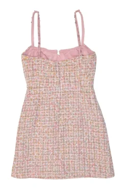 Pink polyester-blend metallic check bouclé tweed slit-front bustier mini dress with tulip skirt