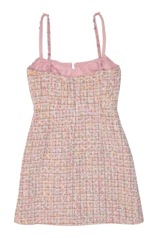Pink polyester-blend metallic check bouclé tweed slit-front bustier mini dress with tulip skirt