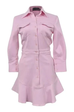 Pink polyester-blend piqué spread collar half-button pullover shirt dress with ruffled flounce hem