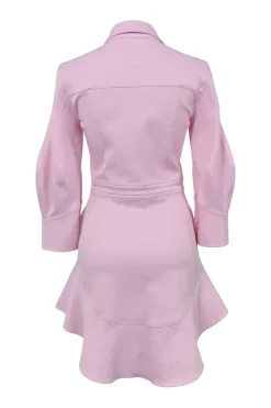 Pink polyester-blend piqué spread collar half-button pullover shirt dress with ruffled flounce hem