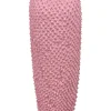 Pink polyester-blend shibori popcorn plissé midi pencil skirt with contrasting logo waistband