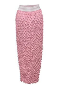 Pink polyester-blend shibori popcorn plissé midi pencil skirt with contrasting logo waistband