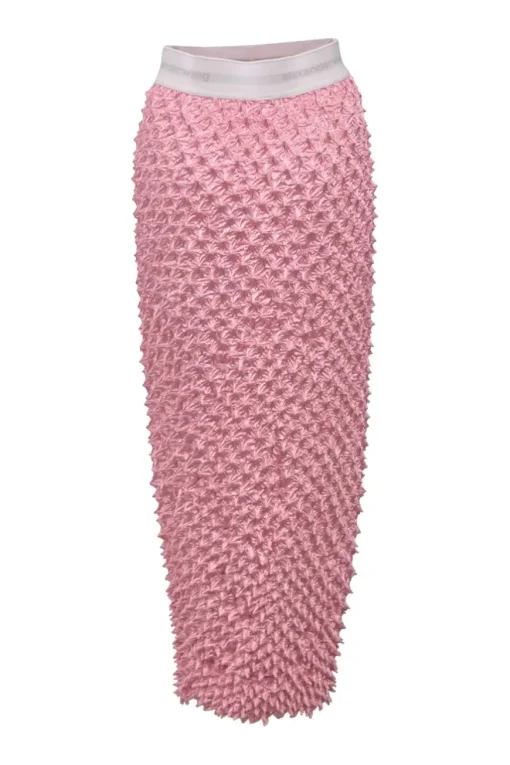 Pink polyester-blend shibori popcorn plissé midi pencil skirt with contrasting logo waistband