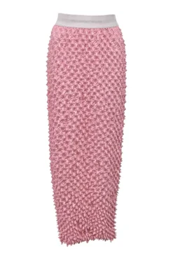 Pink polyester-blend shibori popcorn plissé midi pencil skirt with contrasting logo waistband