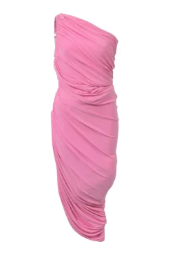 Pink polyester-blend twist-draped stretch crepe one-shoulder Diana sheath dress