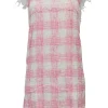 Pink raw-edge cotton-blend gingham fringe bouclé tweed flutter sleeve button-back shift dress